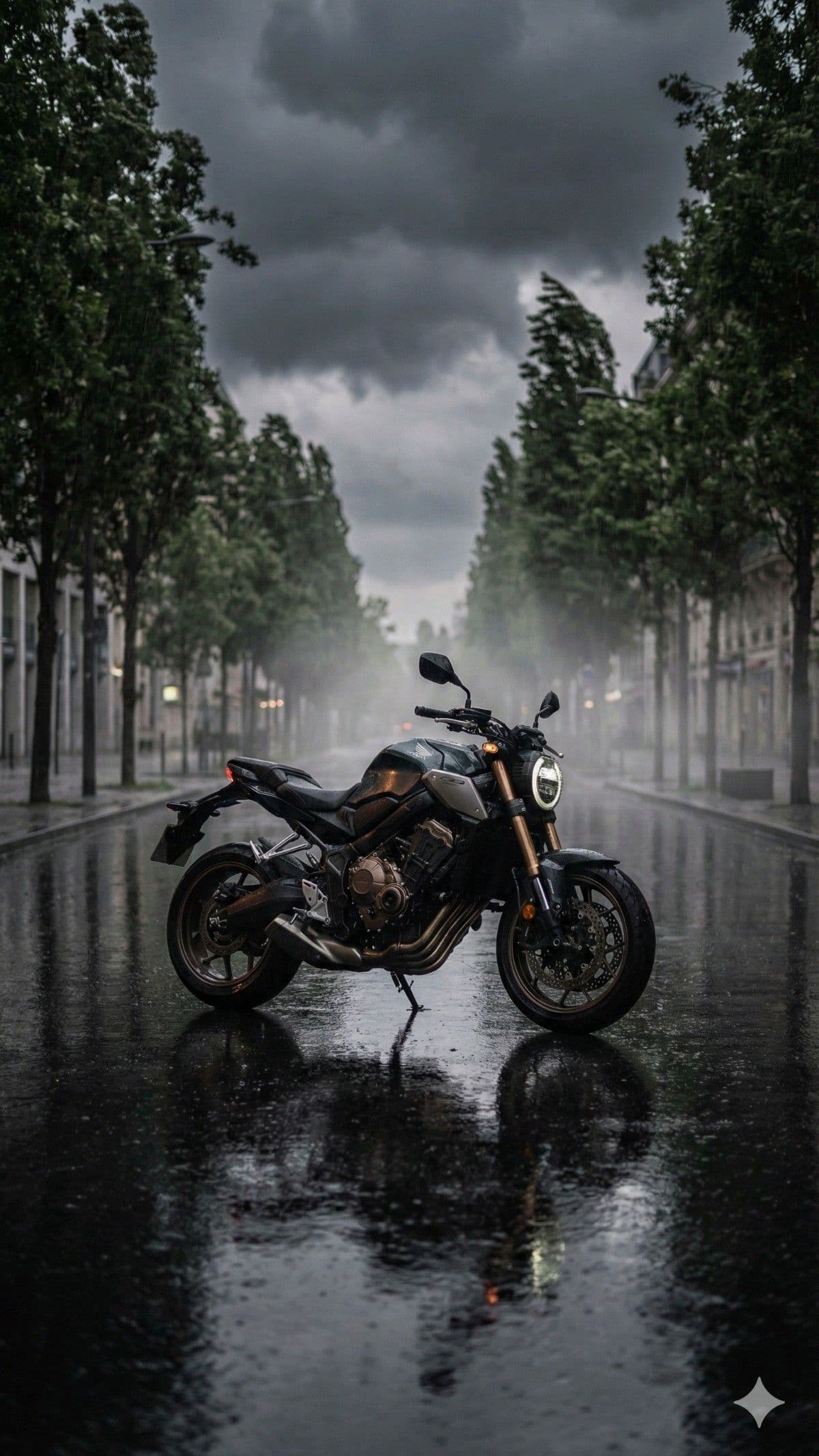 Motorcycle on Rainy Tree-Lined Street Storm