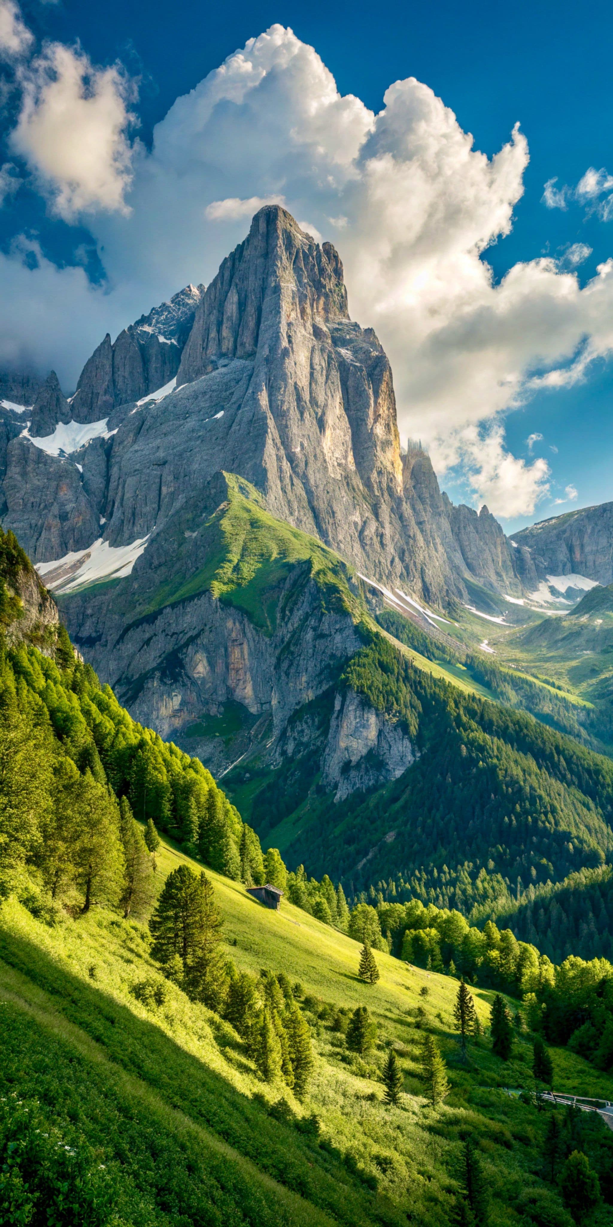 Majestic Alpine Mountain Peak and Green Valley