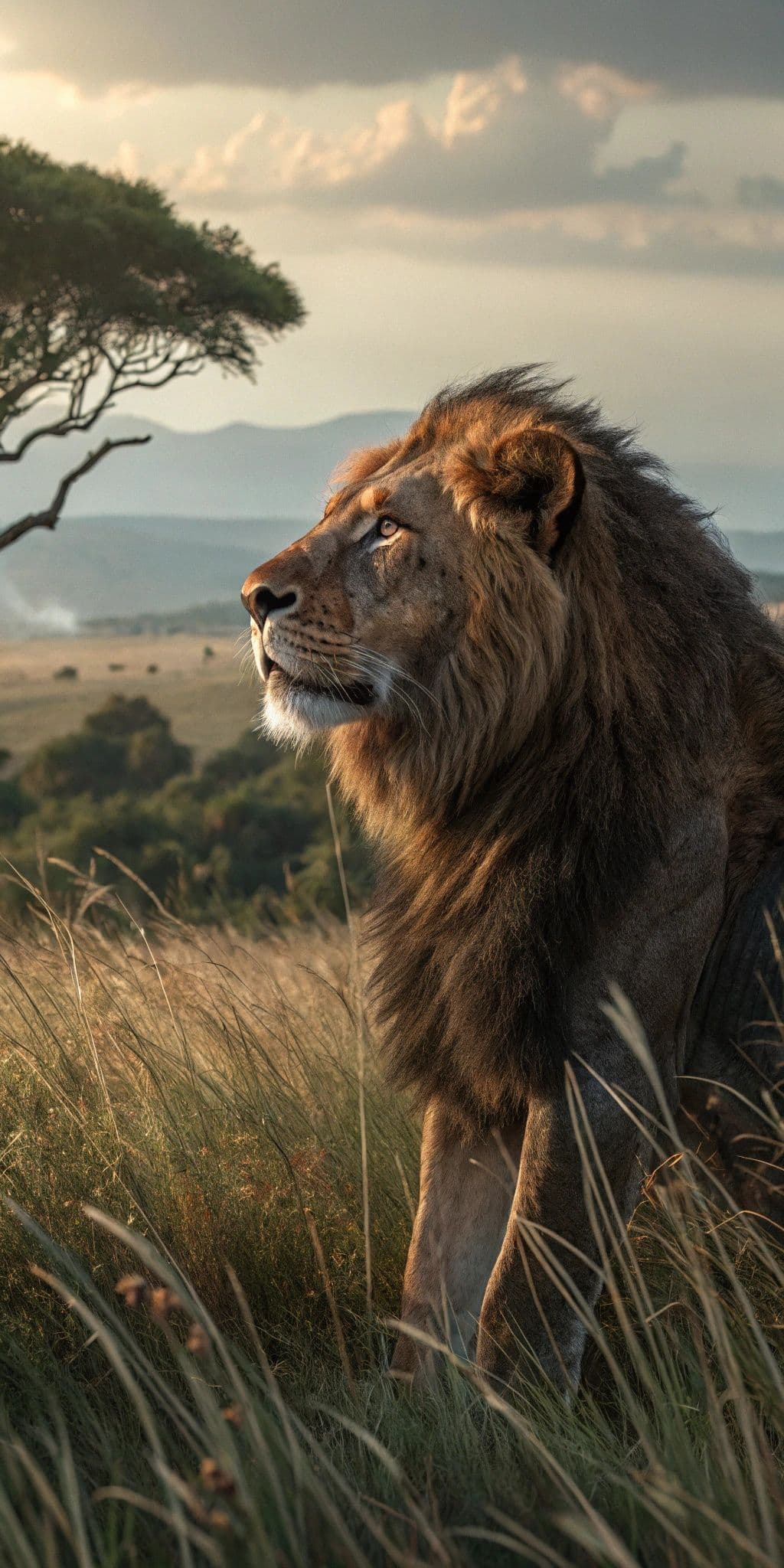 Majestic Lion in Golden Savanna Sunset