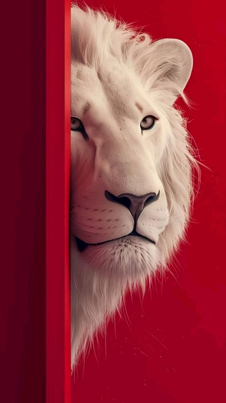 Majestic White Lion Portrait on Red Background