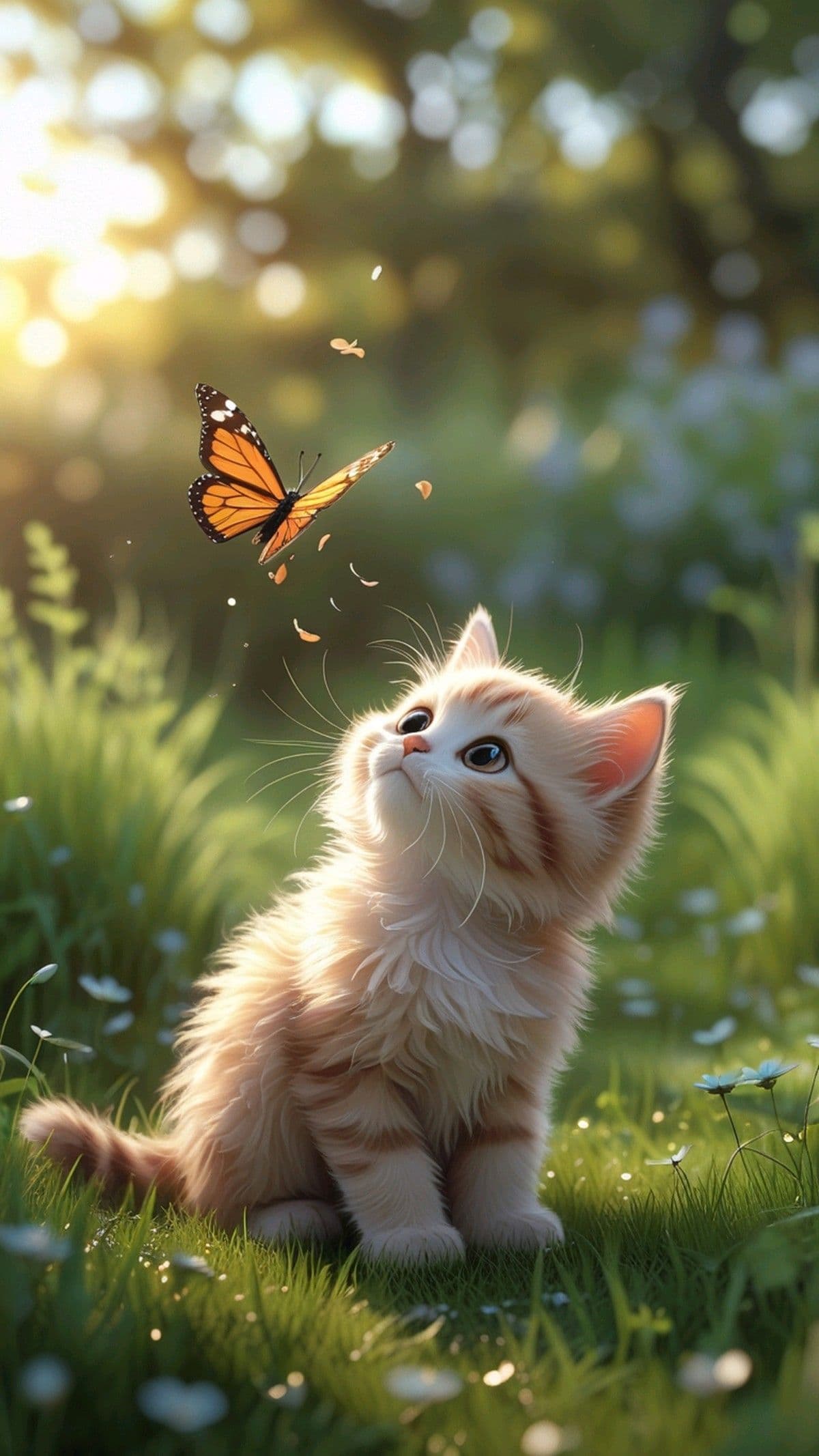 Curious Kitten Chasing Butterfly in Garden