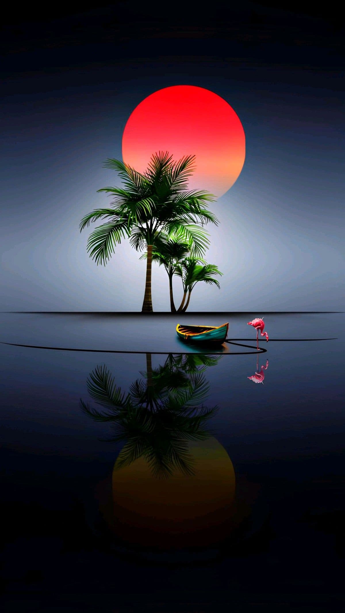 Serene Tropical Sunset with Palm Trees and Boat