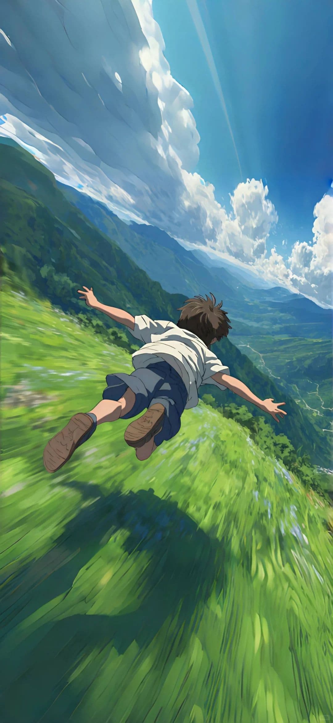 Anime Boy Flying Over Mountain Valley Landscape