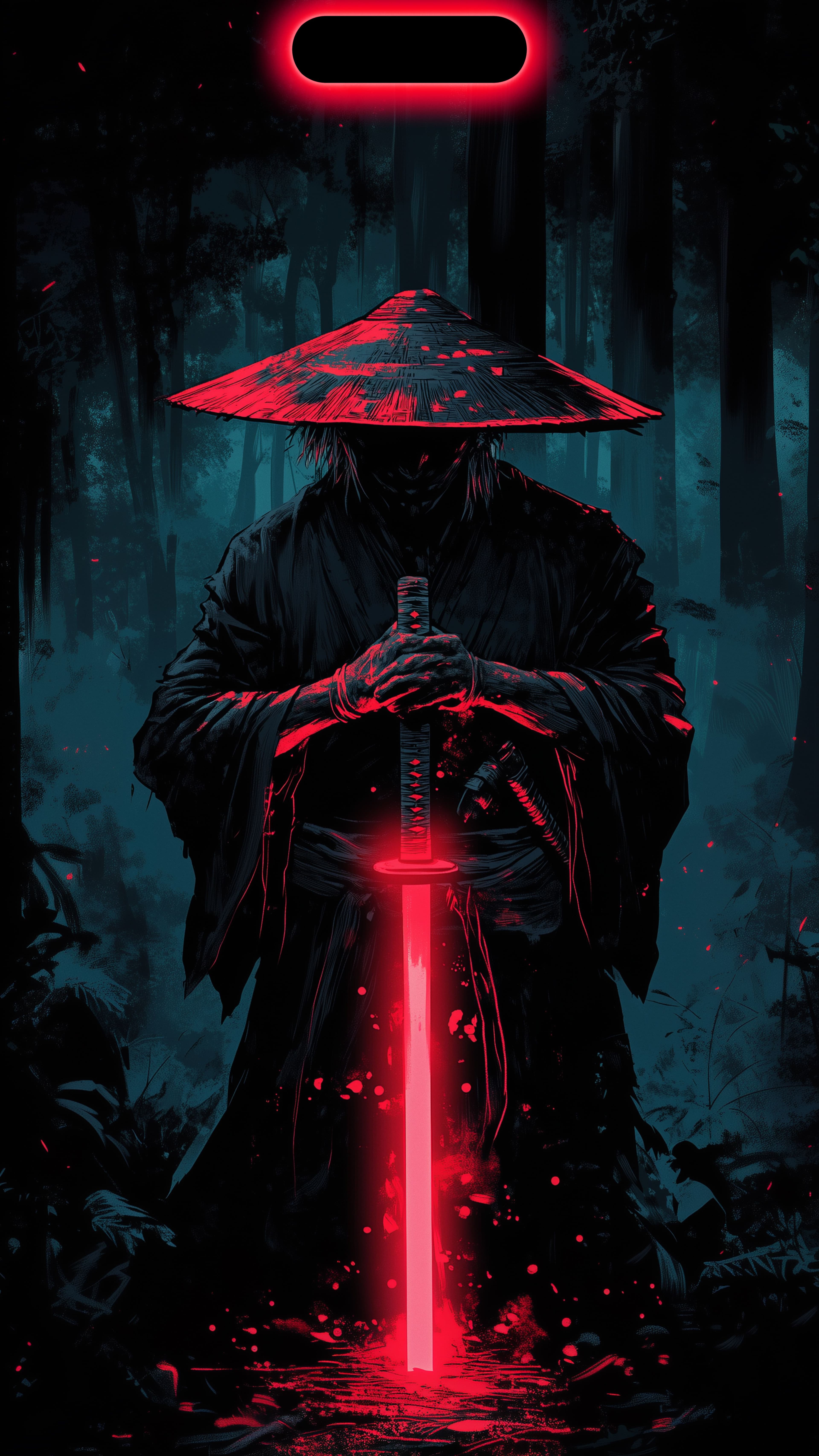 Samurai Warrior Red Neon Katana Dark Forest