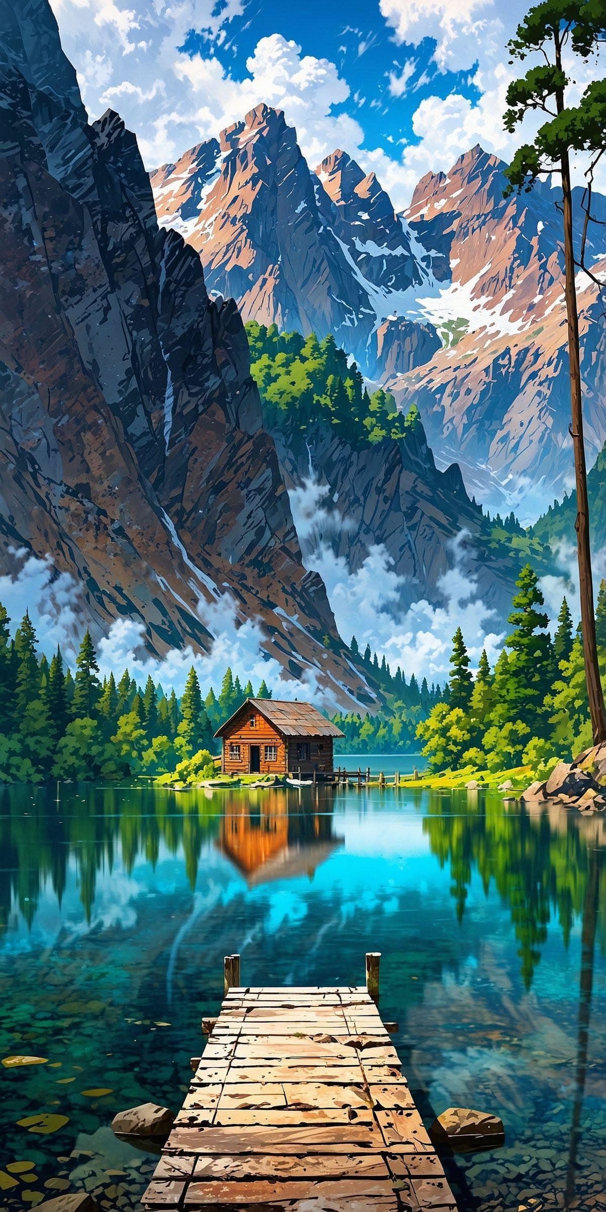 Mountain Lake Cabin with Alpine Peaks