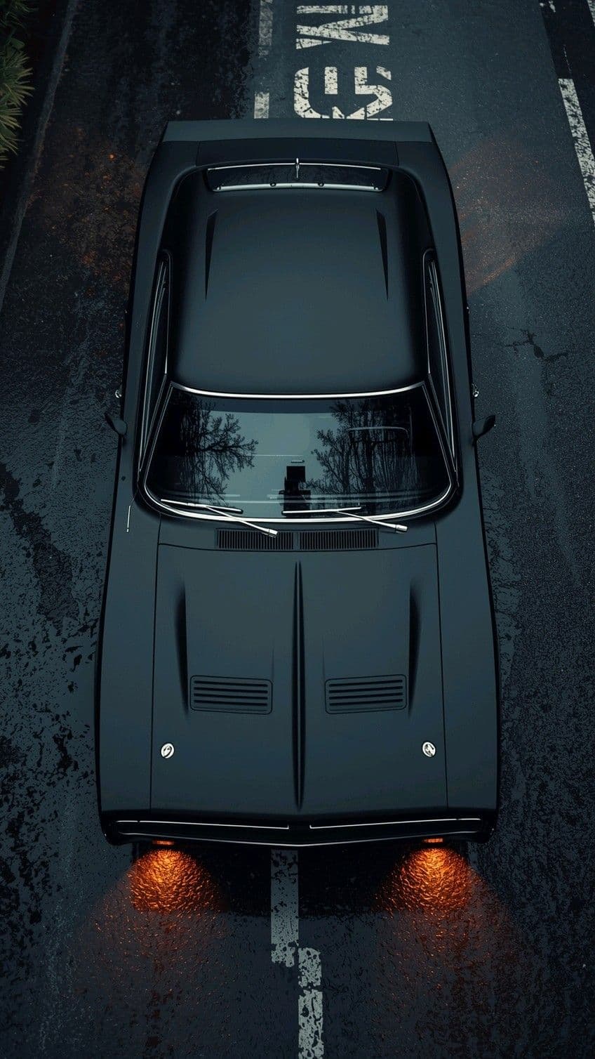 Classic Black Muscle Car Overhead Parking Lot View