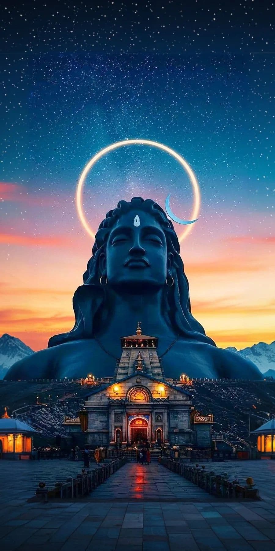 Shiva Statue with Crescent Moon and Temple Devotional Art