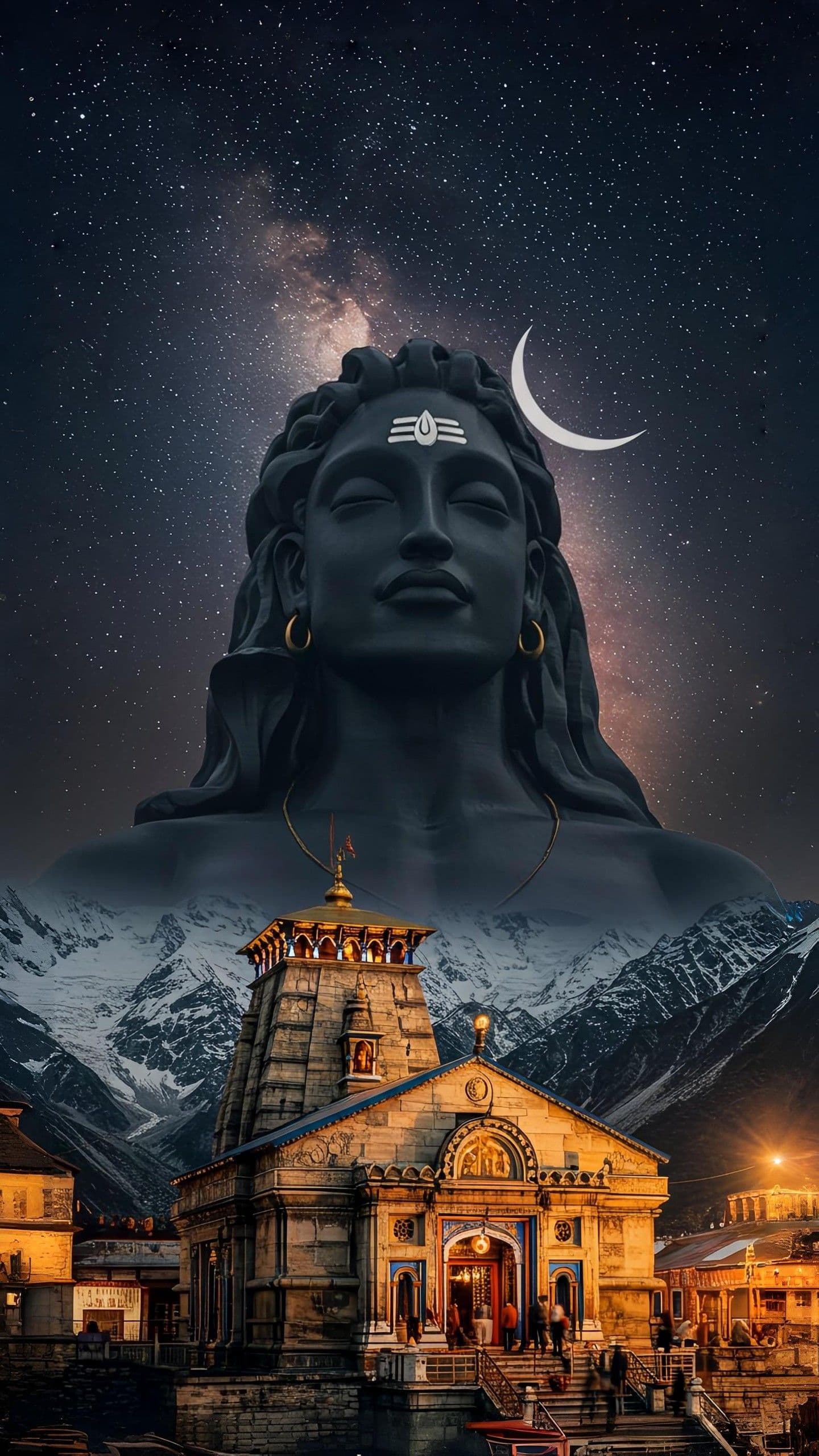 Shiva Statue Kedarnath Temple Starry Night