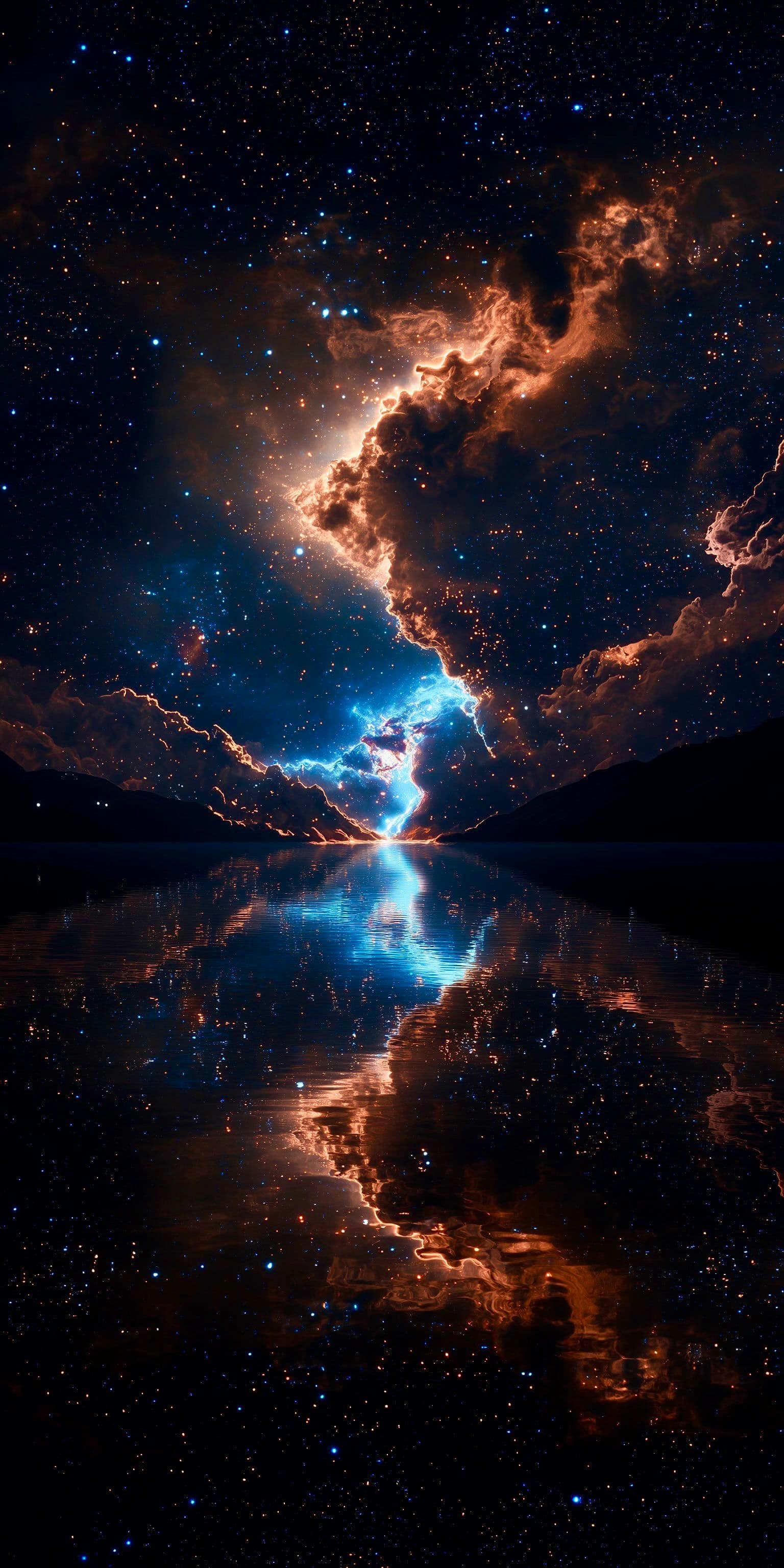 Cosmic Nebula Light Reflection Over Water