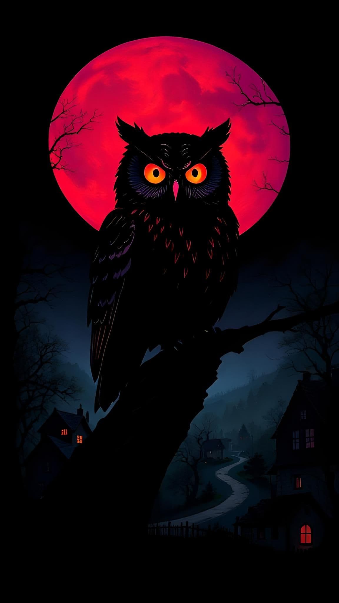 Mystical Black Owl Under Red Moon Night