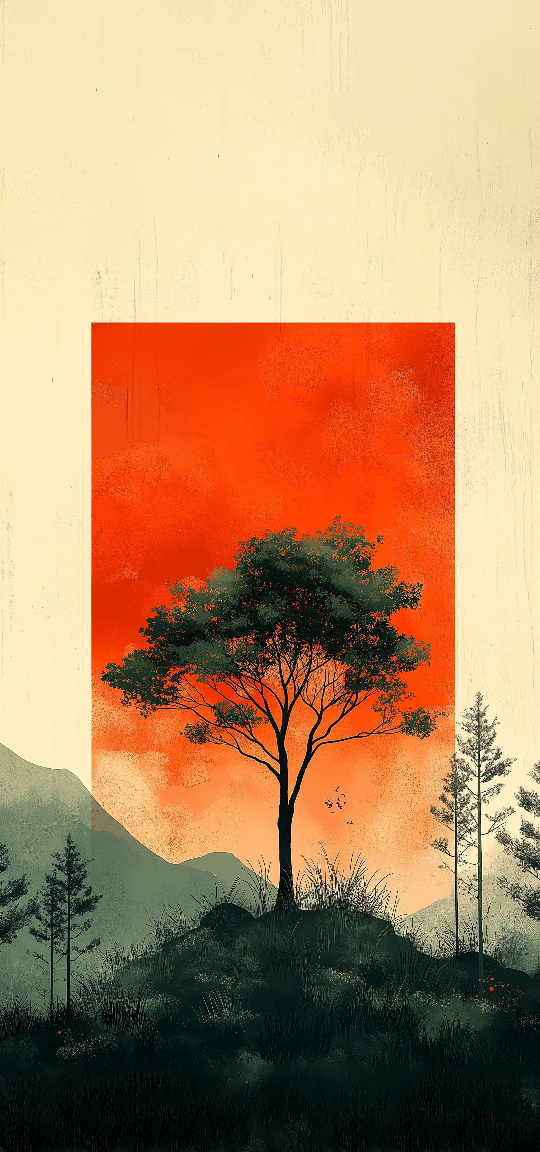 Lone Tree Red Sky Minimalist Landscape Art