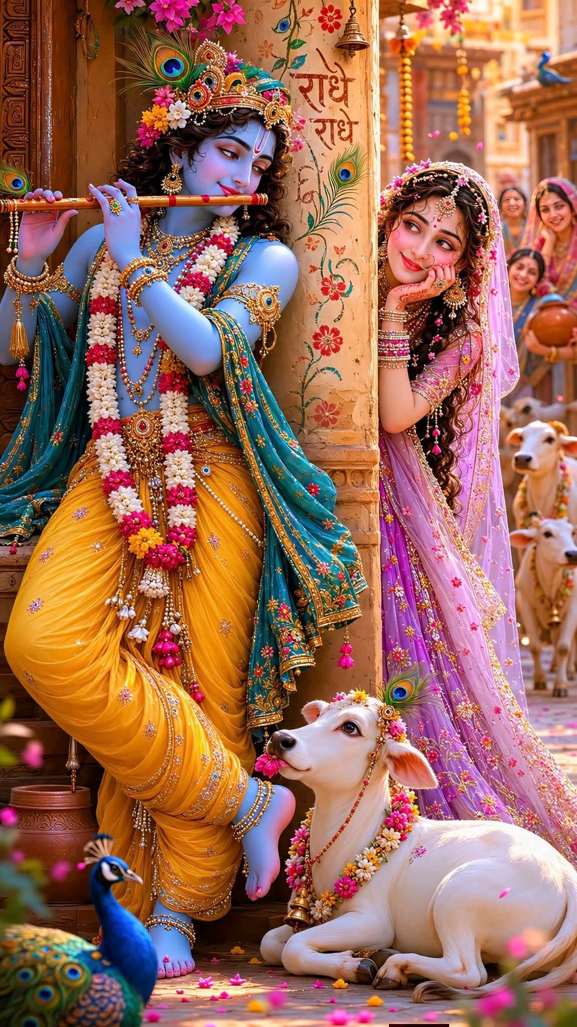 Krishna Playing Flute with Radha Devotional Art