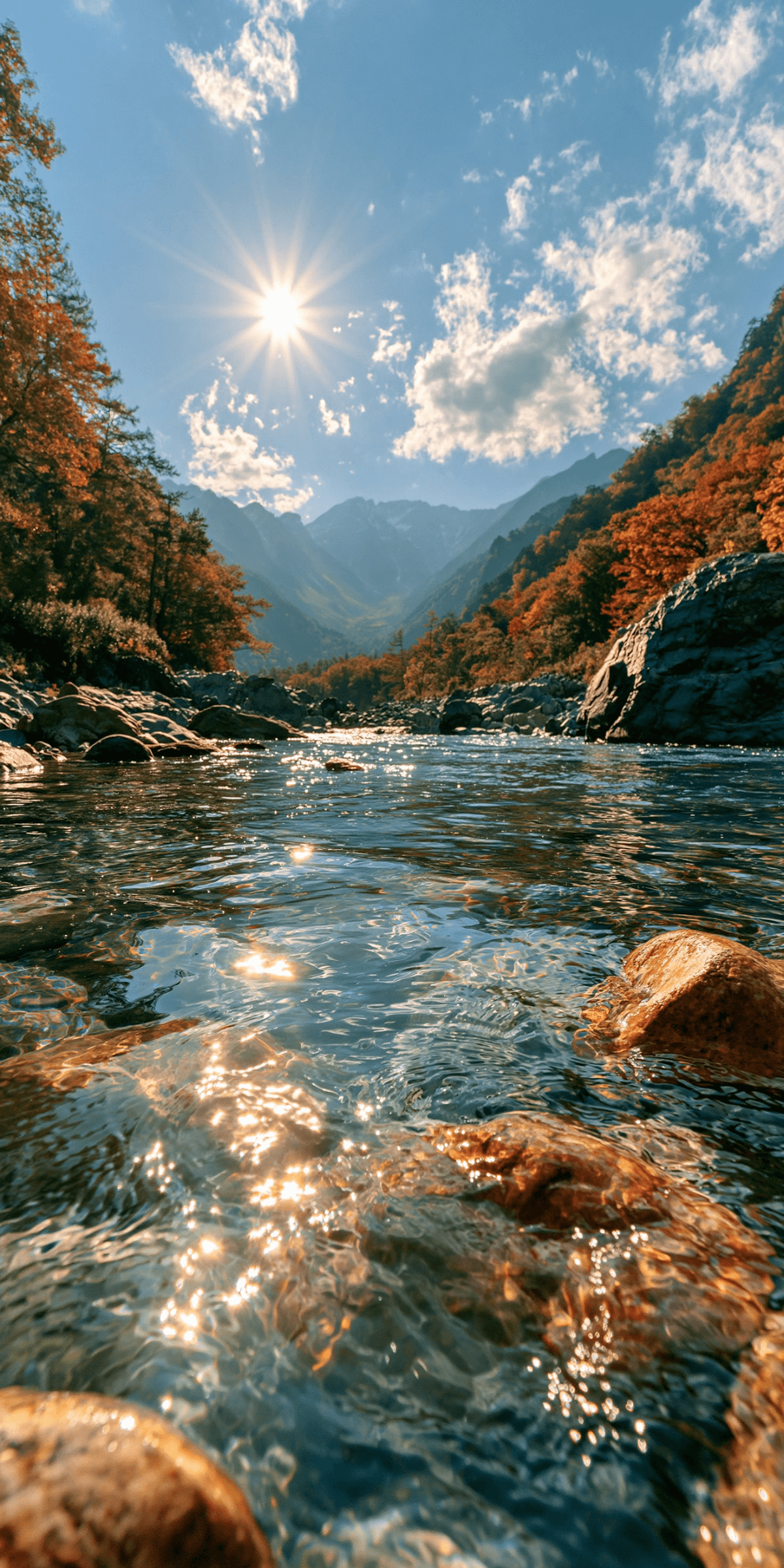 Mountain River Stream in Autumn Sunlight