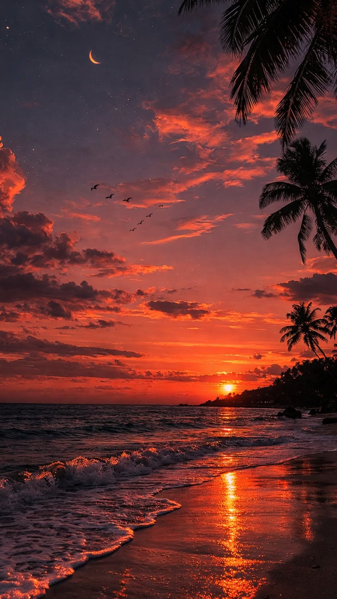 Red Sunset Over Tropical Beach