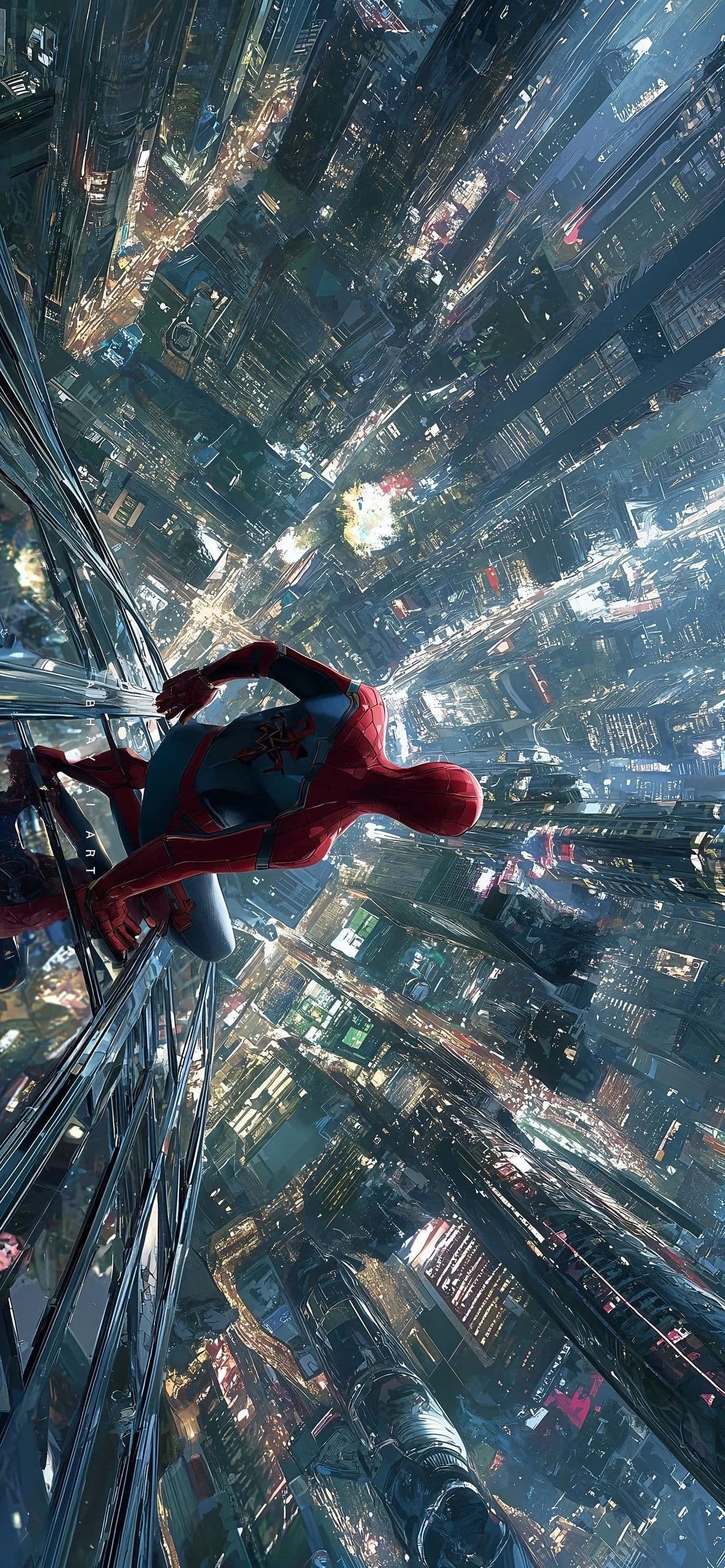 Spider-Man Looking Down at City Lights