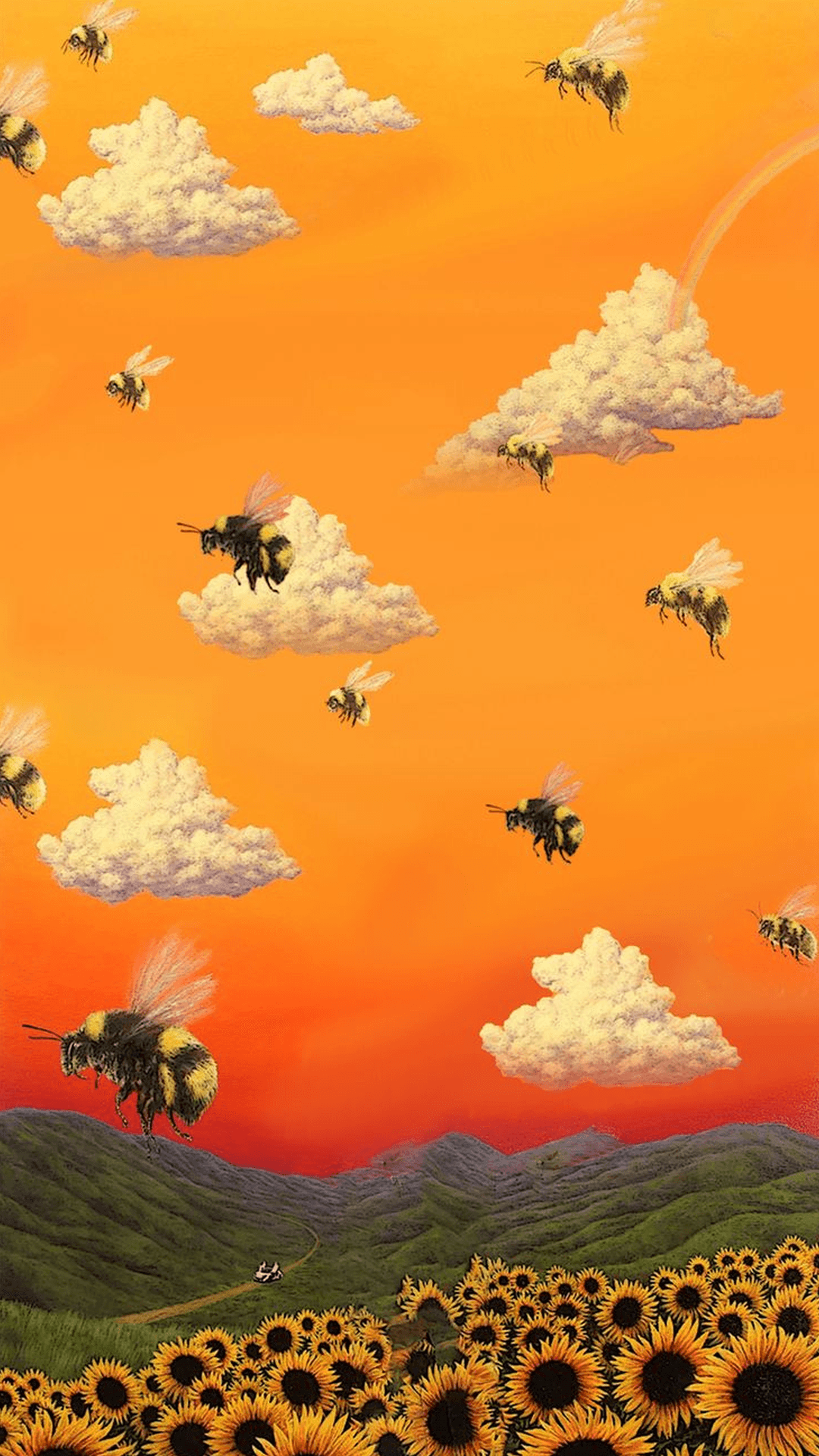 Bees Flying Over Sunflower Field