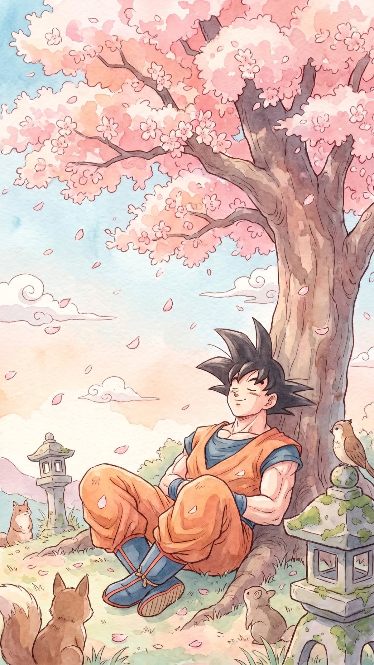 Goku Sleeping Under Cherry Blossom Tree