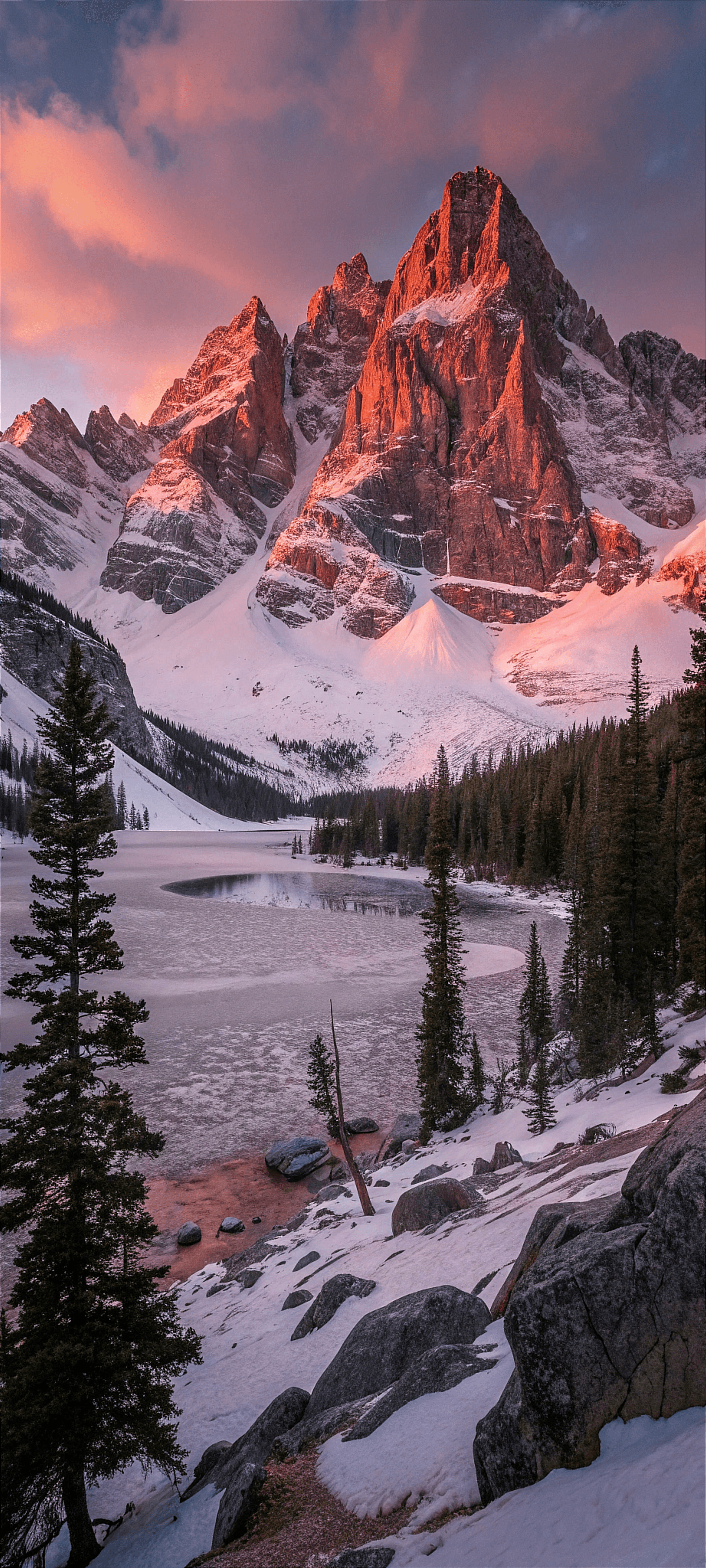 Snowy Mountain Peaks at Sunset