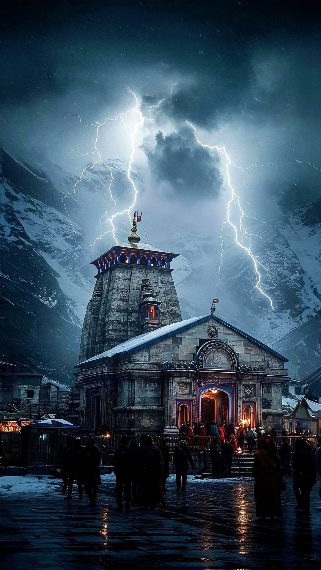 Kedarnath Temple Lightning Night View
