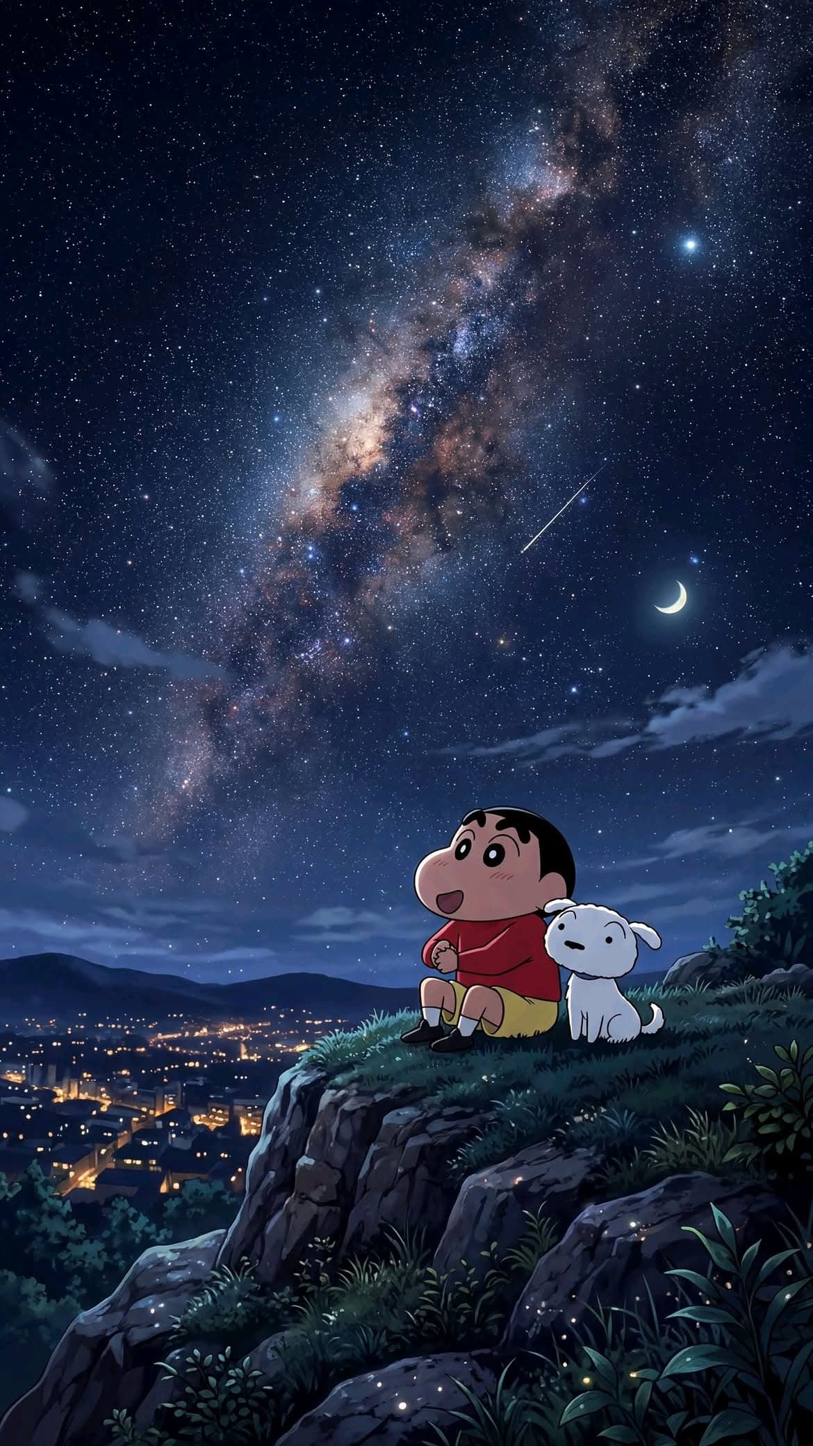 Shinchan and Shiro Under Starry Sky