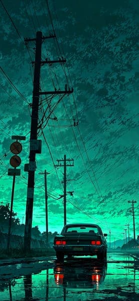 Retro Car on Rainy Night Street with Power Lines