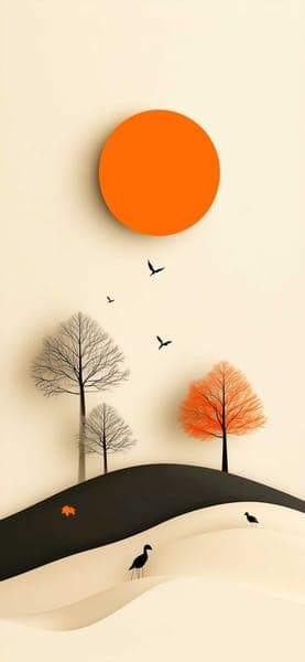 Autumn Minimalist Landscape with Orange Sun and Birds