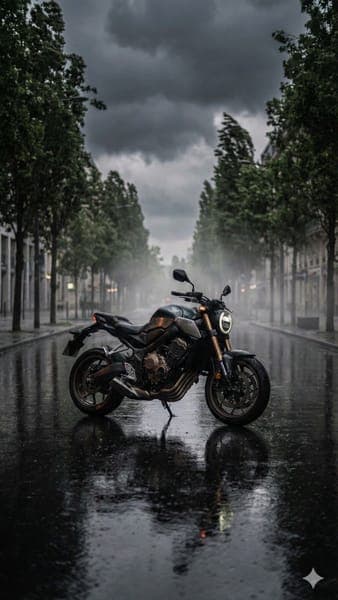 Motorcycle on Rainy Tree-Lined Street Storm