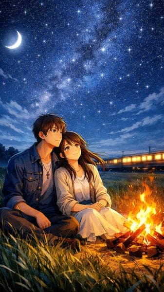 Anime Couple Starry Night Campfire Romance