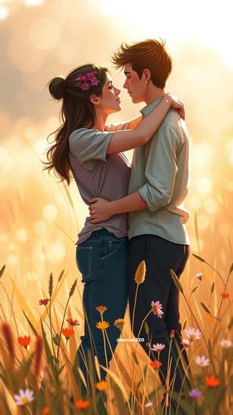 Romantic Couple in Wildflower Field Sunset