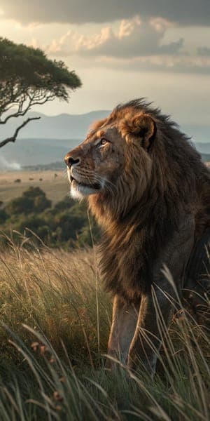 Majestic Lion in Golden Savanna Sunset