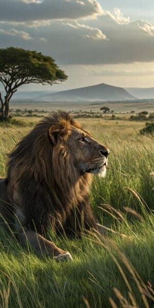 Lion in Golden Savanna with Acacia Tree