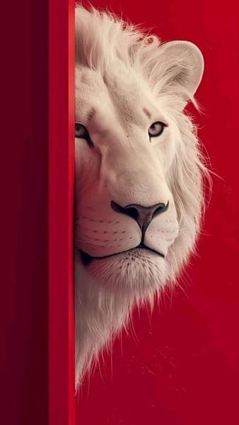 Majestic White Lion Portrait on Red Background