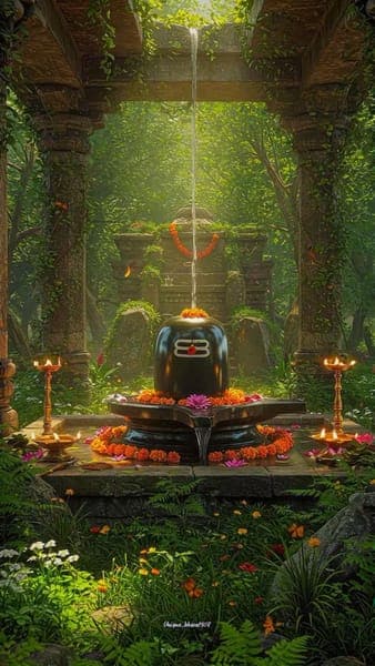 Sacred Shiva Linga Temple Shrine with Flowers
