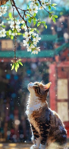 Cat Gazing at Spring Blossoms