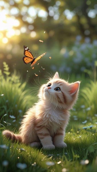 Curious Kitten Chasing Butterfly in Garden
