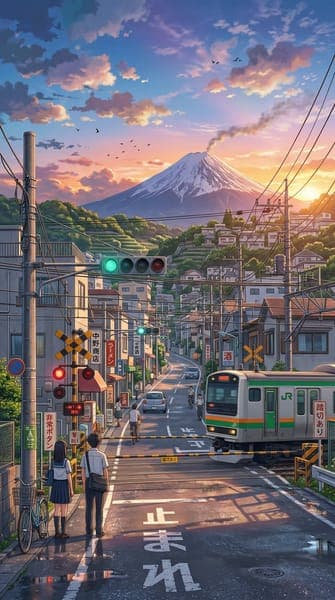 Japanese Street Sunset with Mount Fuji Train Crossing