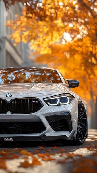 White BMW M Sport Car Autumn Leaves Wallpaper