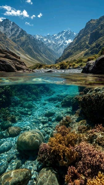 Alpine Valley River with Snow-Capped Mountains