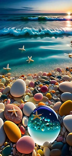 Magical Beach Sunset with Glowing Waves and Starfish