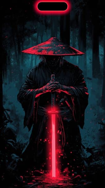 Samurai Warrior Red Neon Katana Dark Forest