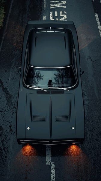 Classic Black Muscle Car Overhead Parking Lot View
