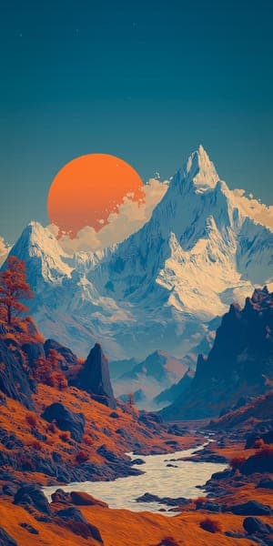 Mountain Peak with Sunset and River Valley