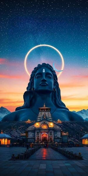 Shiva Statue with Crescent Moon and Temple Devotional Art