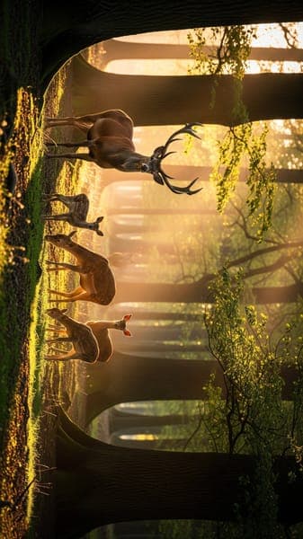 Deer Herd in Golden Forest Light with Ivy
