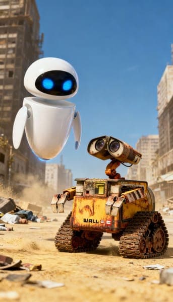 EVE and WALL-E Robots in Ruined City
