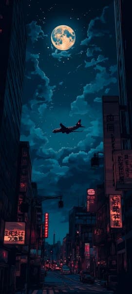 Neon City Night Sky with Flying Airplane and Moon