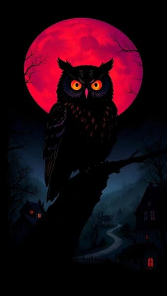 Mystical Black Owl Under Red Moon Night