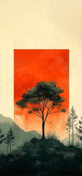 Lone Tree Red Sky Minimalist Landscape Art