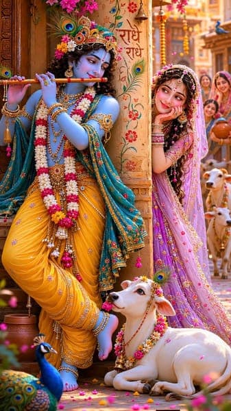 Krishna Playing Flute with Radha Devotional Art