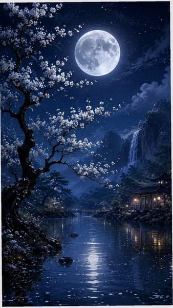 Full Moon Night Lake and Waterfall